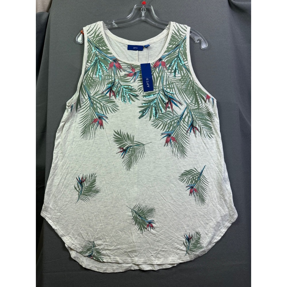 Apt. 9 Women's Tropical Palm Sequin Tank Top Gray Bird of Paradise Large NWT